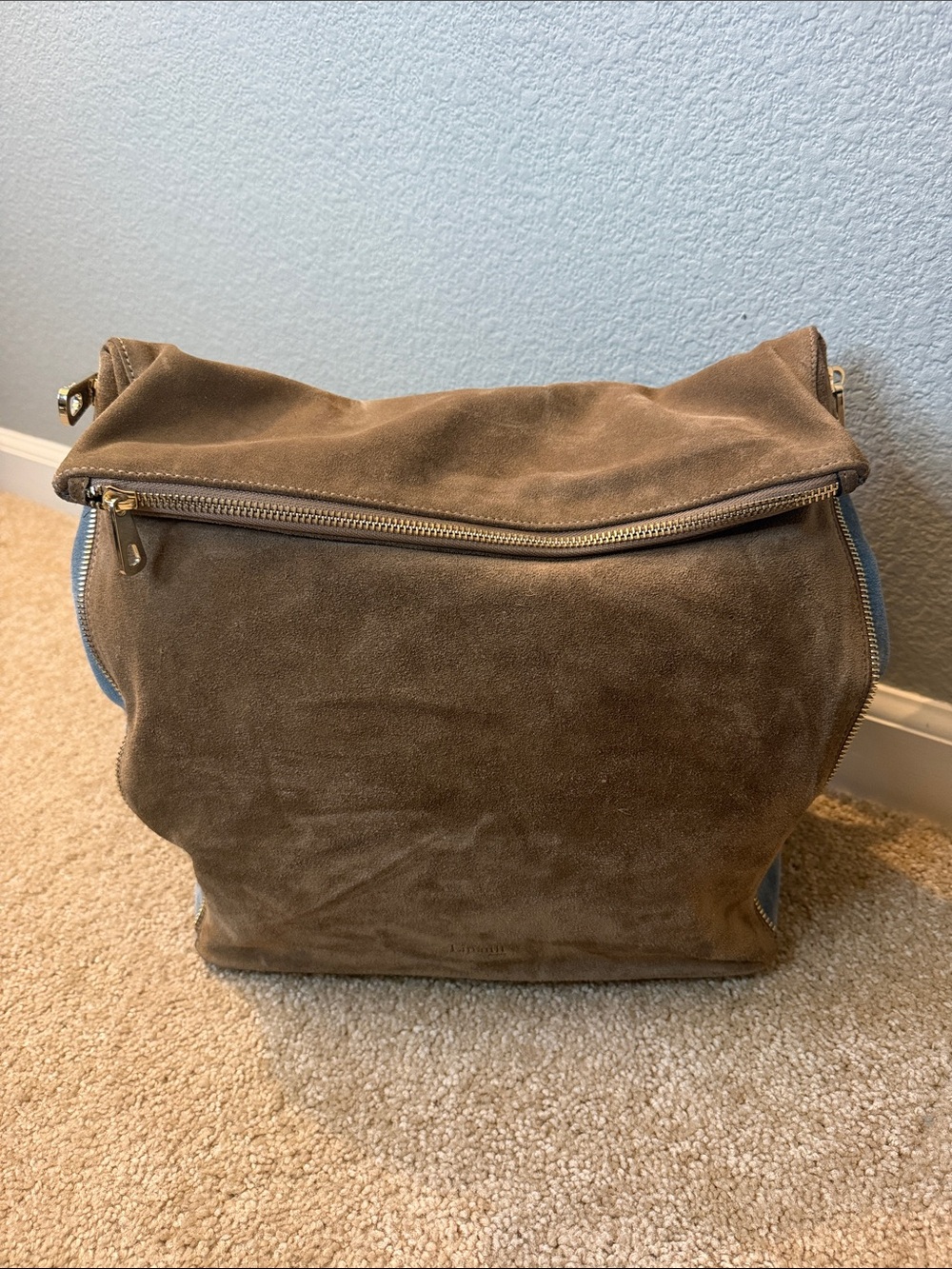 Lipault Paris Suede Fold-Over Backpack Bag in Brown and Blue - Picture 3 of 16